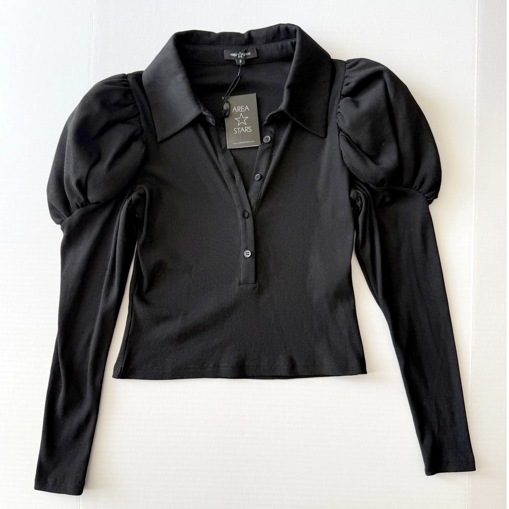 Area Stars Black Ribbed Puff Sleeve Top Womens Size S Collared Button Front New